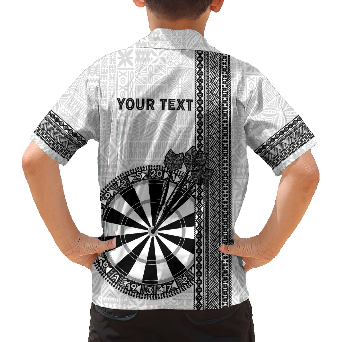 Personalised Fiji Darts Family Matching Off The Shoulder Long Sleeve Dress and Hawaiian Shirt Fijian Tapa Pattern - White