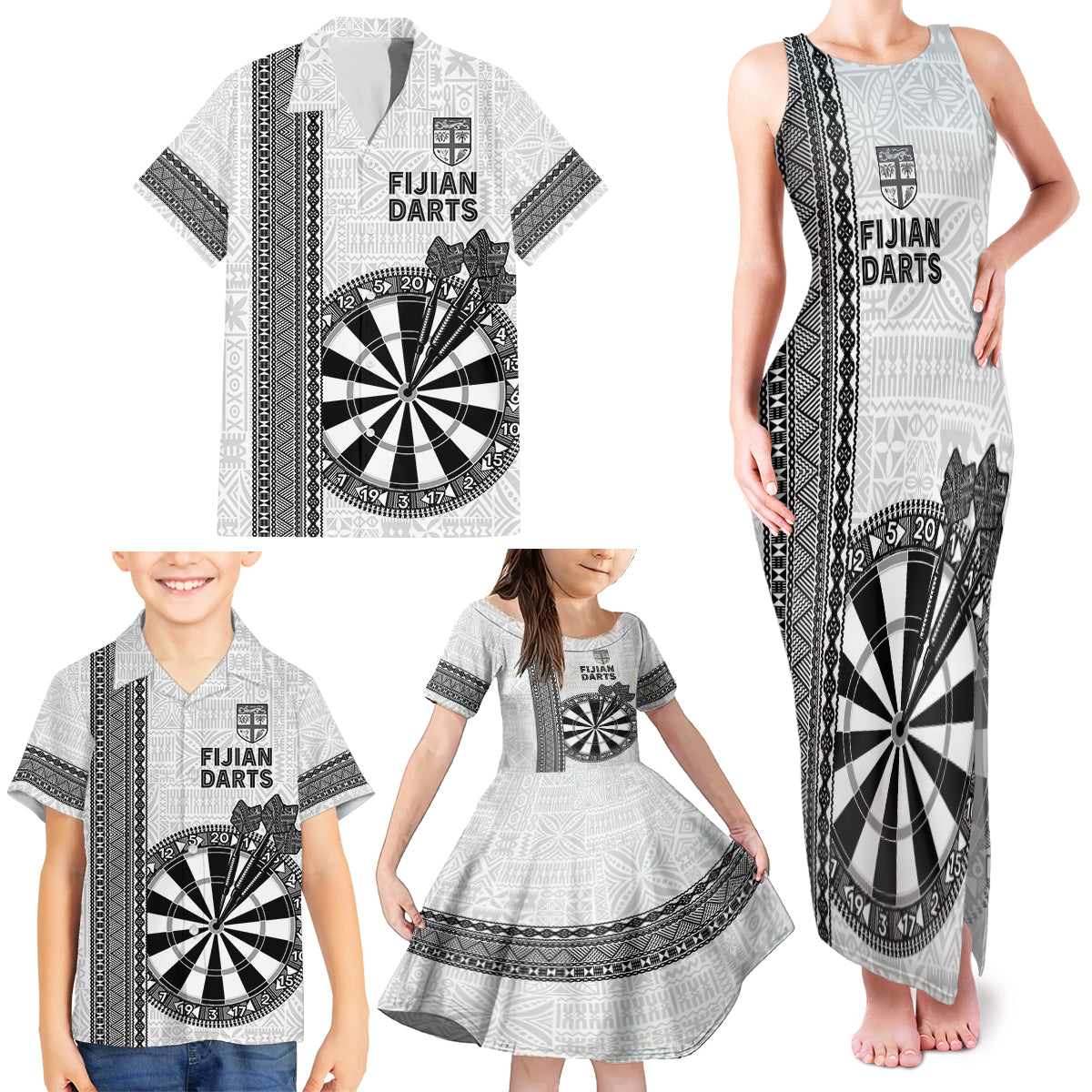Personalised Fiji Darts Family Matching Tank Maxi Dress and Hawaiian Shirt Fijian Tapa Pattern - White