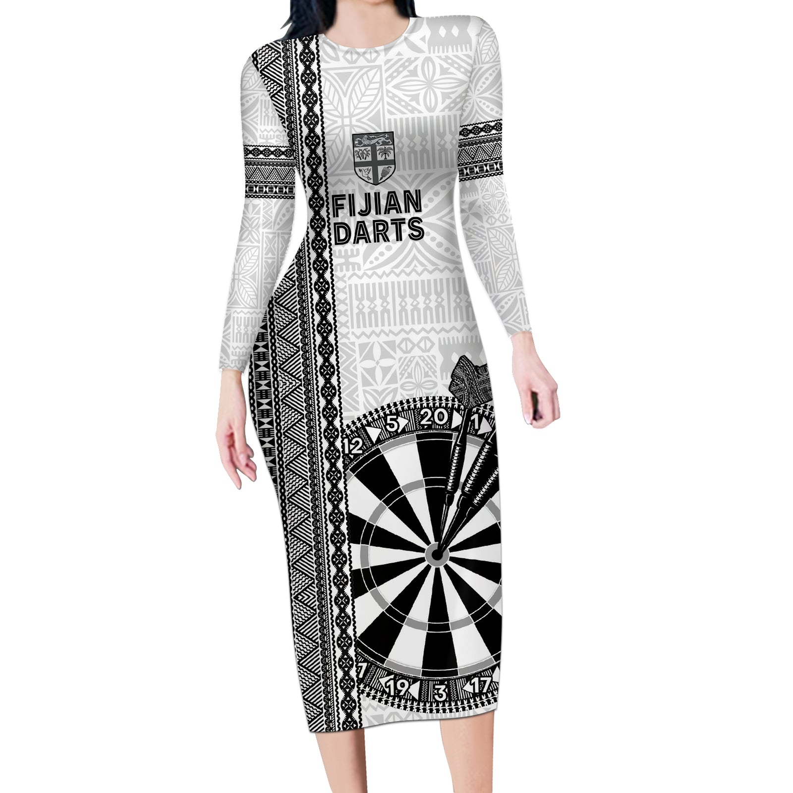 Personalised Fiji Darts Long Sleeve Bodycon Dress Fijian Tapa Pattern - White