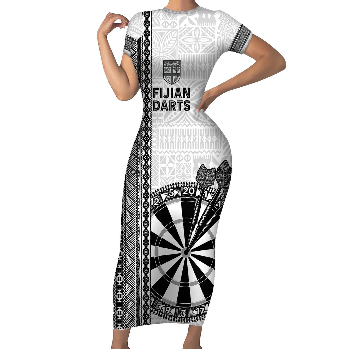 Personalised Fiji Darts Short Sleeve Bodycon Dress Fijian Tapa Pattern - White