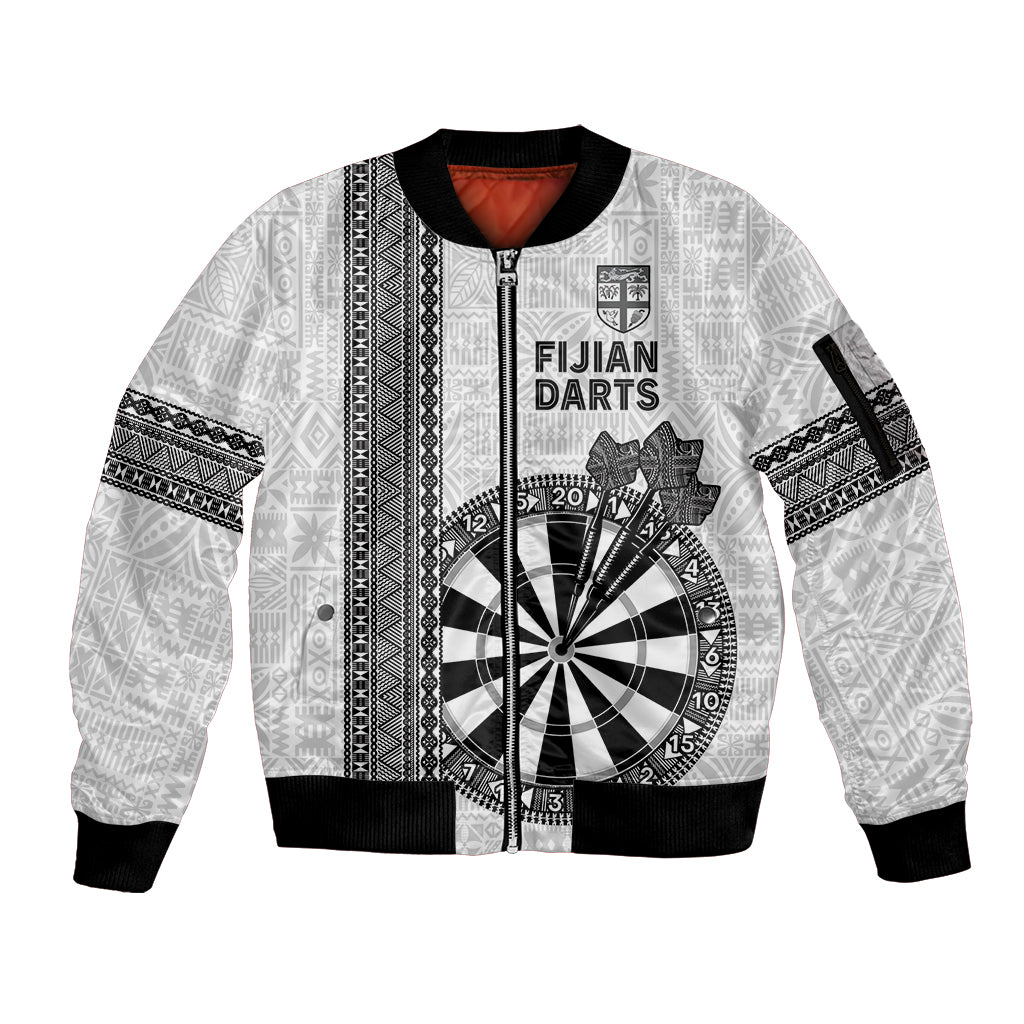 Personalised Fiji Darts Sleeve Zip Bomber Jacket Fijian Tapa Pattern - White