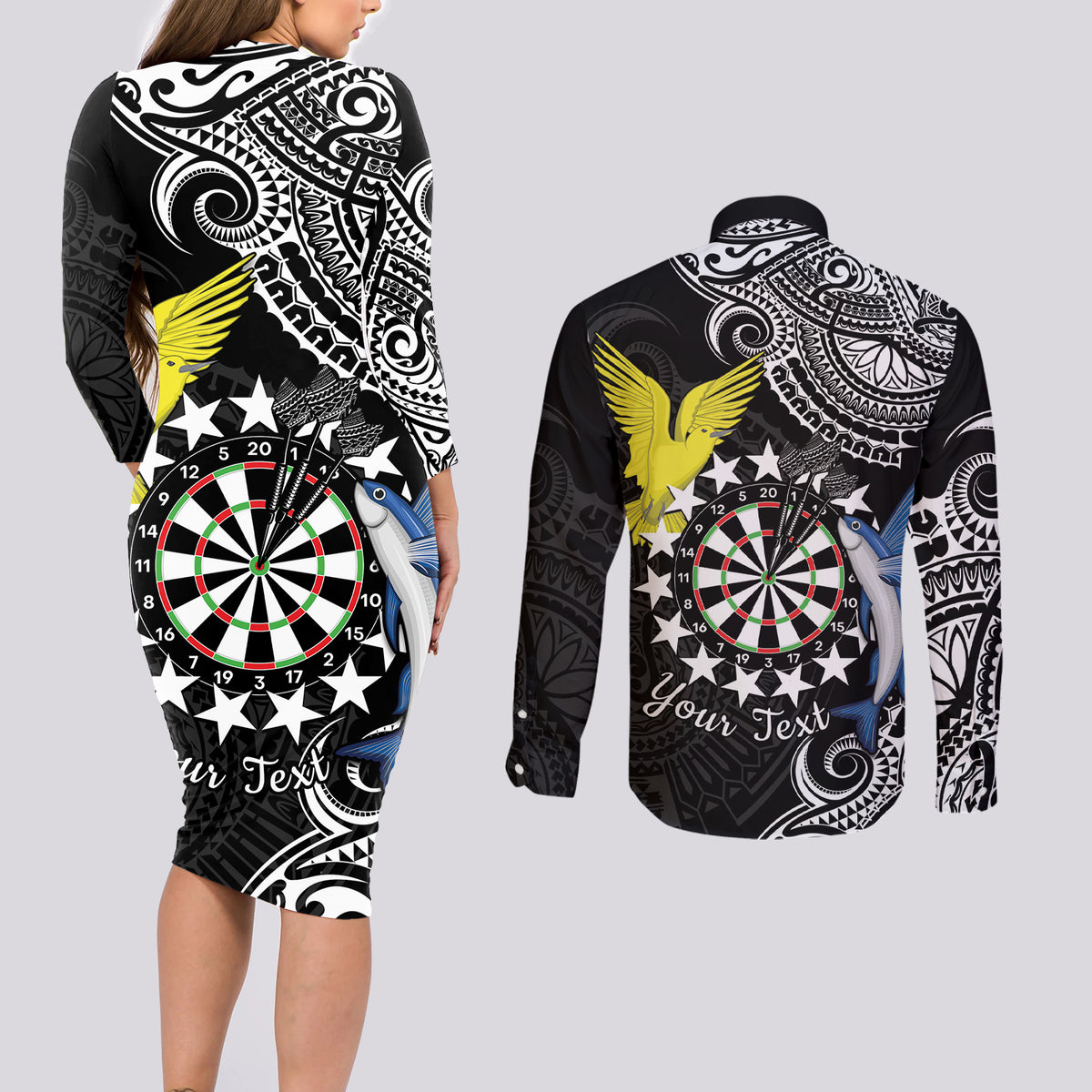 Personalised Cook Islands Darts Couples Matching Long Sleeve Bodycon Dress and Long Sleeve Button Shirt Kuki Airani Tribal Pattern