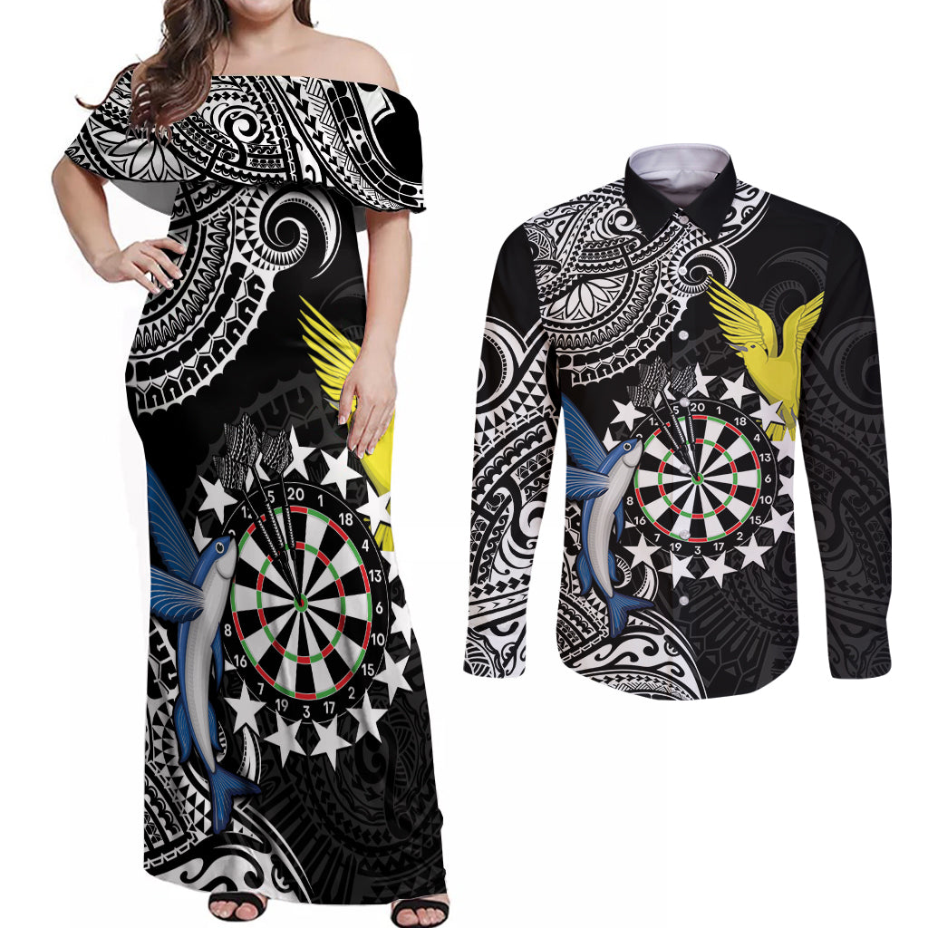 Personalised Cook Islands Darts Couples Matching Off Shoulder Maxi Dress and Long Sleeve Button Shirt Kuki Airani Tribal Pattern
