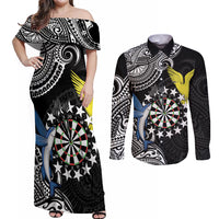 Personalised Cook Islands Darts Couples Matching Off Shoulder Maxi Dress and Long Sleeve Button Shirt Kuki Airani Tribal Pattern