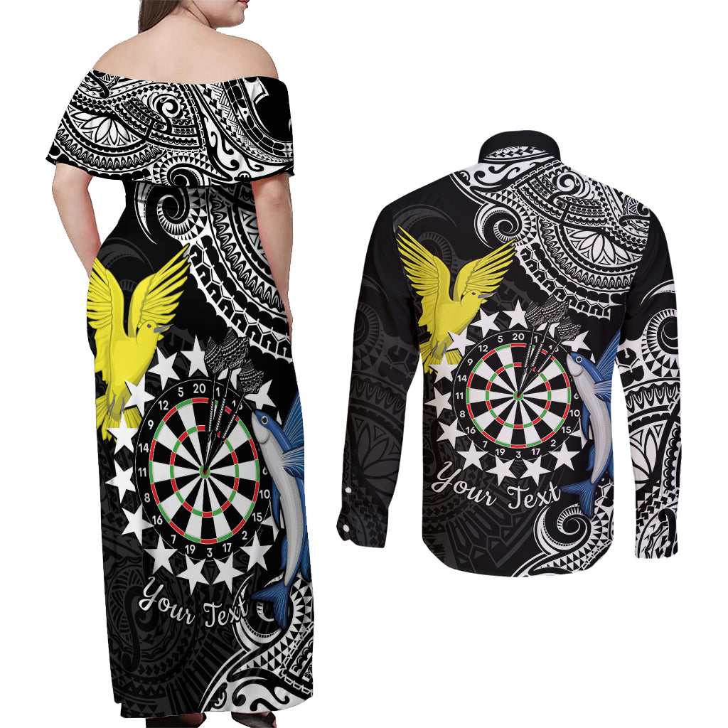 Personalised Cook Islands Darts Couples Matching Off Shoulder Maxi Dress and Long Sleeve Button Shirt Kuki Airani Tribal Pattern