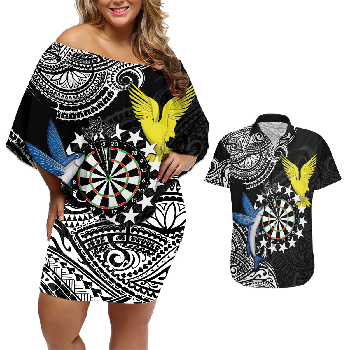 Personalised Cook Islands Darts Couples Matching Off Shoulder Short Dress and Hawaiian Shirt Kuki Airani Tribal Pattern
