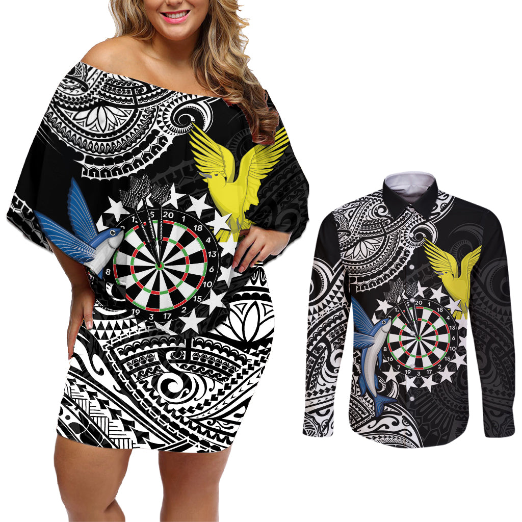 Personalised Cook Islands Darts Couples Matching Off Shoulder Short Dress and Long Sleeve Button Shirt Kuki Airani Tribal Pattern