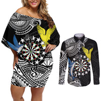 Personalised Cook Islands Darts Couples Matching Off Shoulder Short Dress and Long Sleeve Button Shirt Kuki Airani Tribal Pattern
