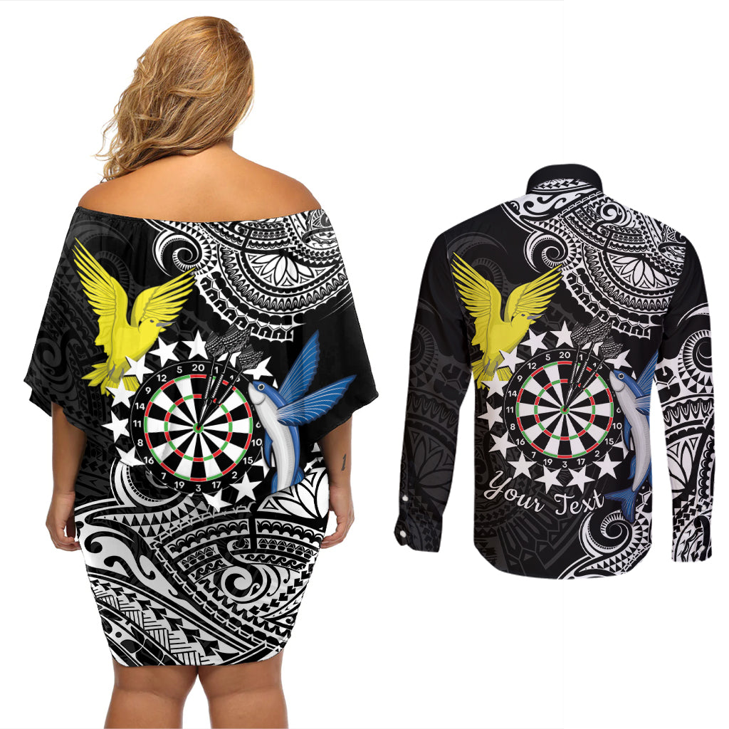 Personalised Cook Islands Darts Couples Matching Off Shoulder Short Dress and Long Sleeve Button Shirt Kuki Airani Tribal Pattern