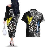 Personalised Cook Islands Darts Couples Matching Off The Shoulder Long Sleeve Dress and Hawaiian Shirt Kuki Airani Tribal Pattern