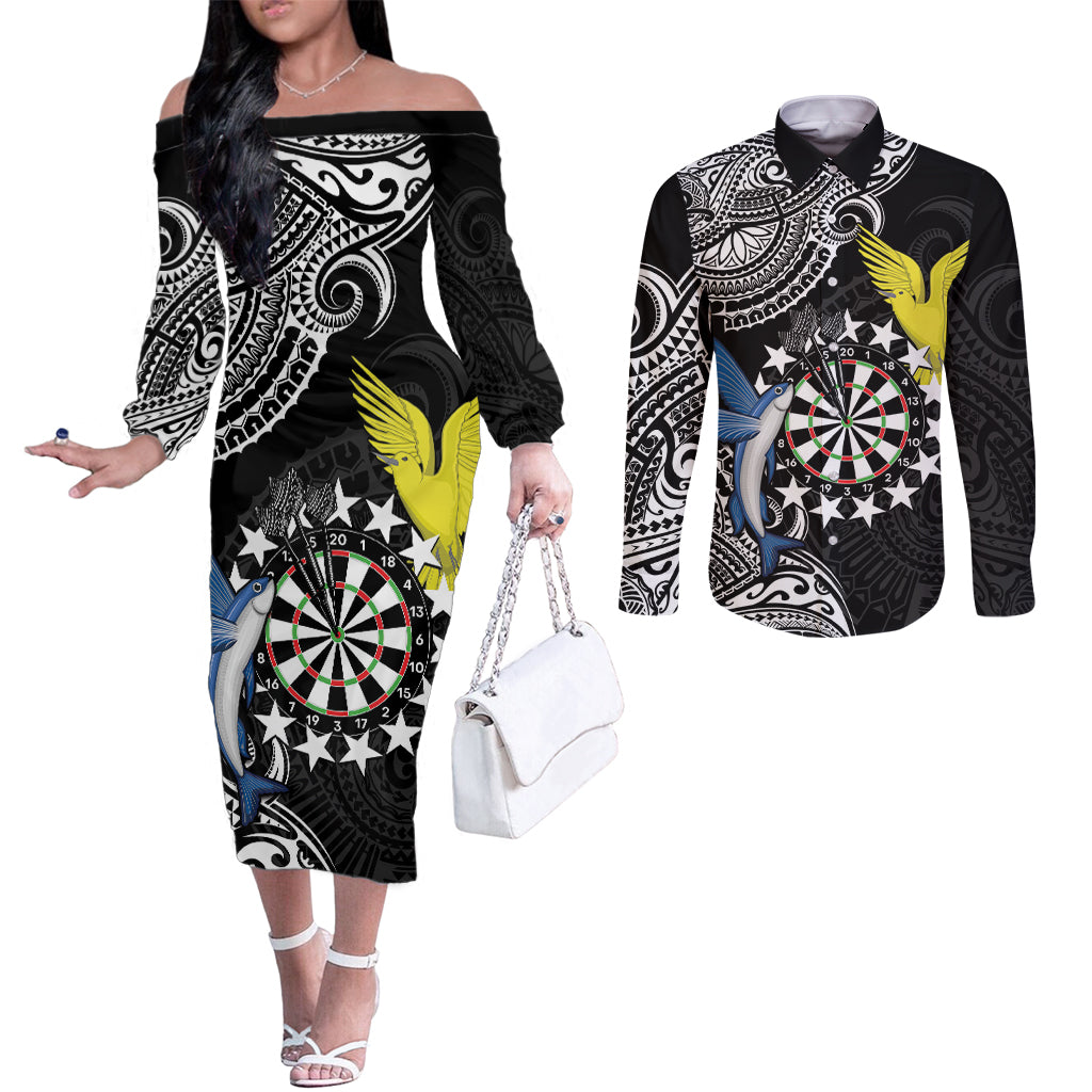 Personalised Cook Islands Darts Couples Matching Off The Shoulder Long Sleeve Dress and Long Sleeve Button Shirt Kuki Airani Tribal Pattern