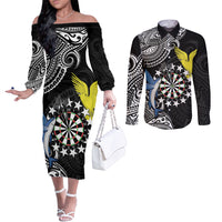 Personalised Cook Islands Darts Couples Matching Off The Shoulder Long Sleeve Dress and Long Sleeve Button Shirt Kuki Airani Tribal Pattern