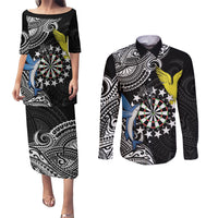 Personalised Cook Islands Darts Couples Matching Puletasi and Long Sleeve Button Shirt Kuki Airani Tribal Pattern