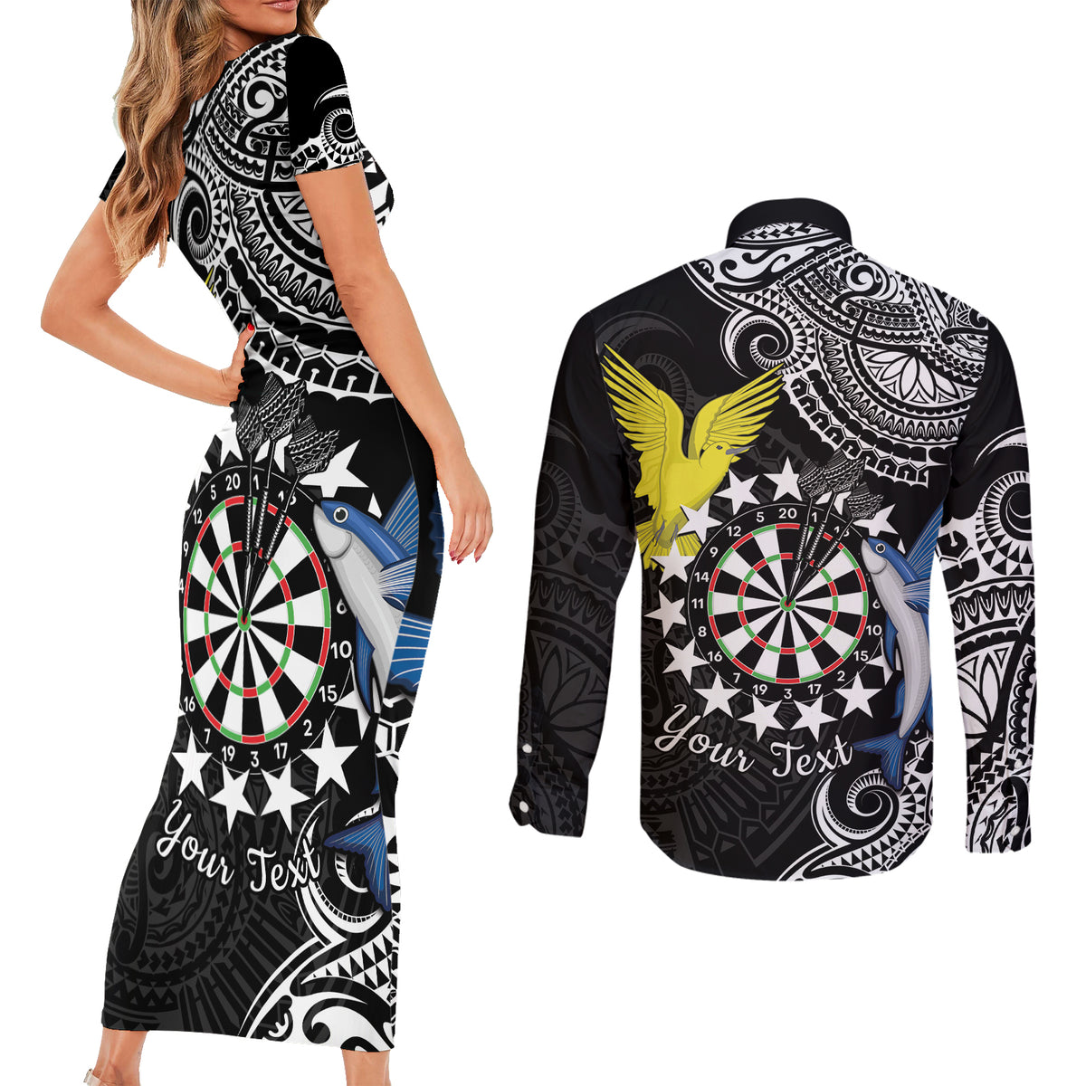 Personalised Cook Islands Darts Couples Matching Short Sleeve Bodycon Dress and Long Sleeve Button Shirt Kuki Airani Tribal Pattern