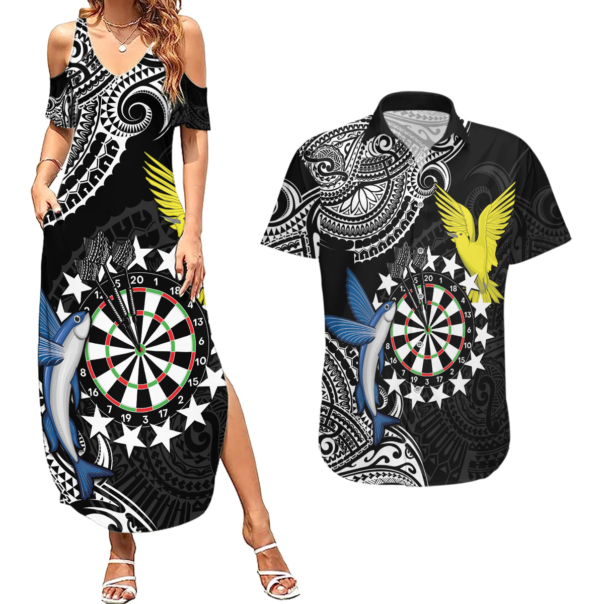 Personalised Cook Islands Darts Couples Matching Summer Maxi Dress and Hawaiian Shirt Kuki Airani Tribal Pattern