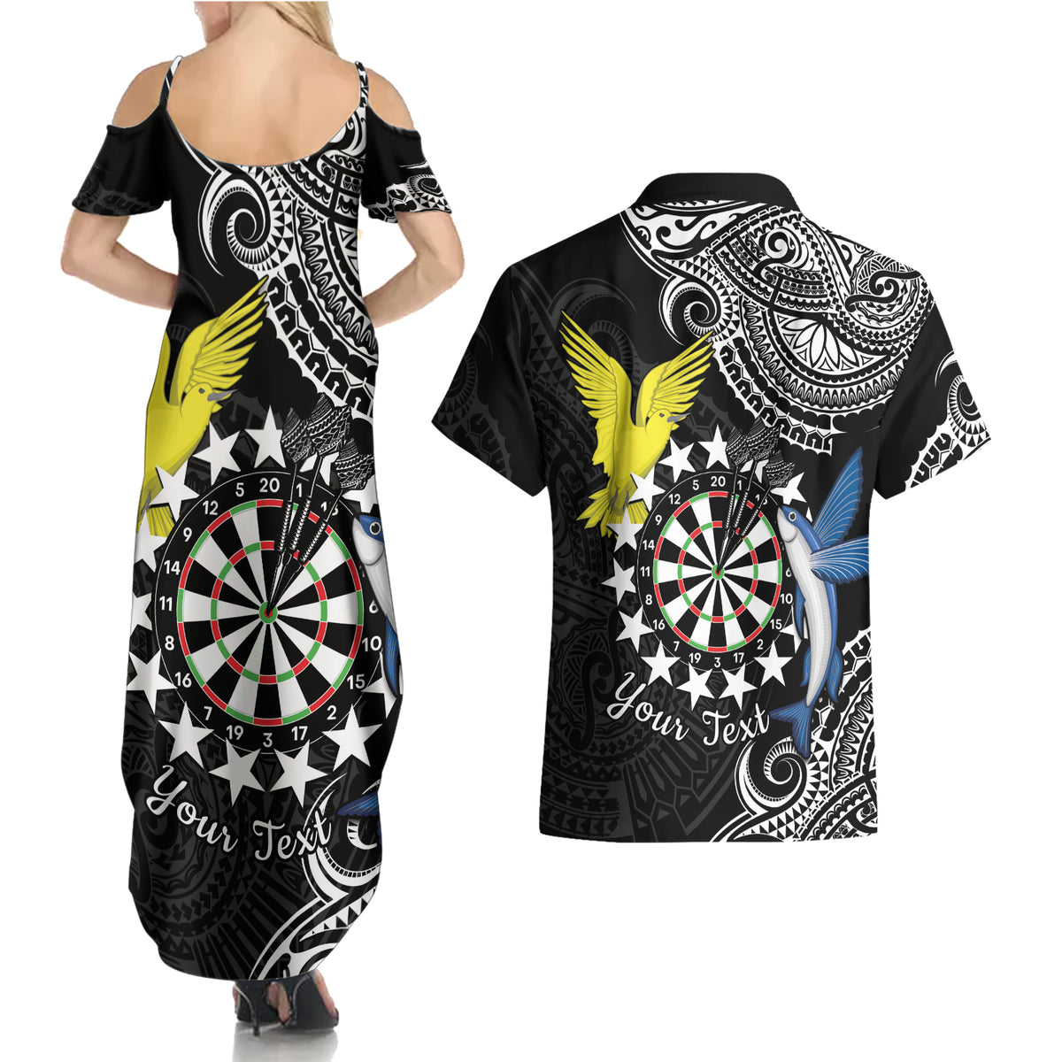 Personalised Cook Islands Darts Couples Matching Summer Maxi Dress and Hawaiian Shirt Kuki Airani Tribal Pattern
