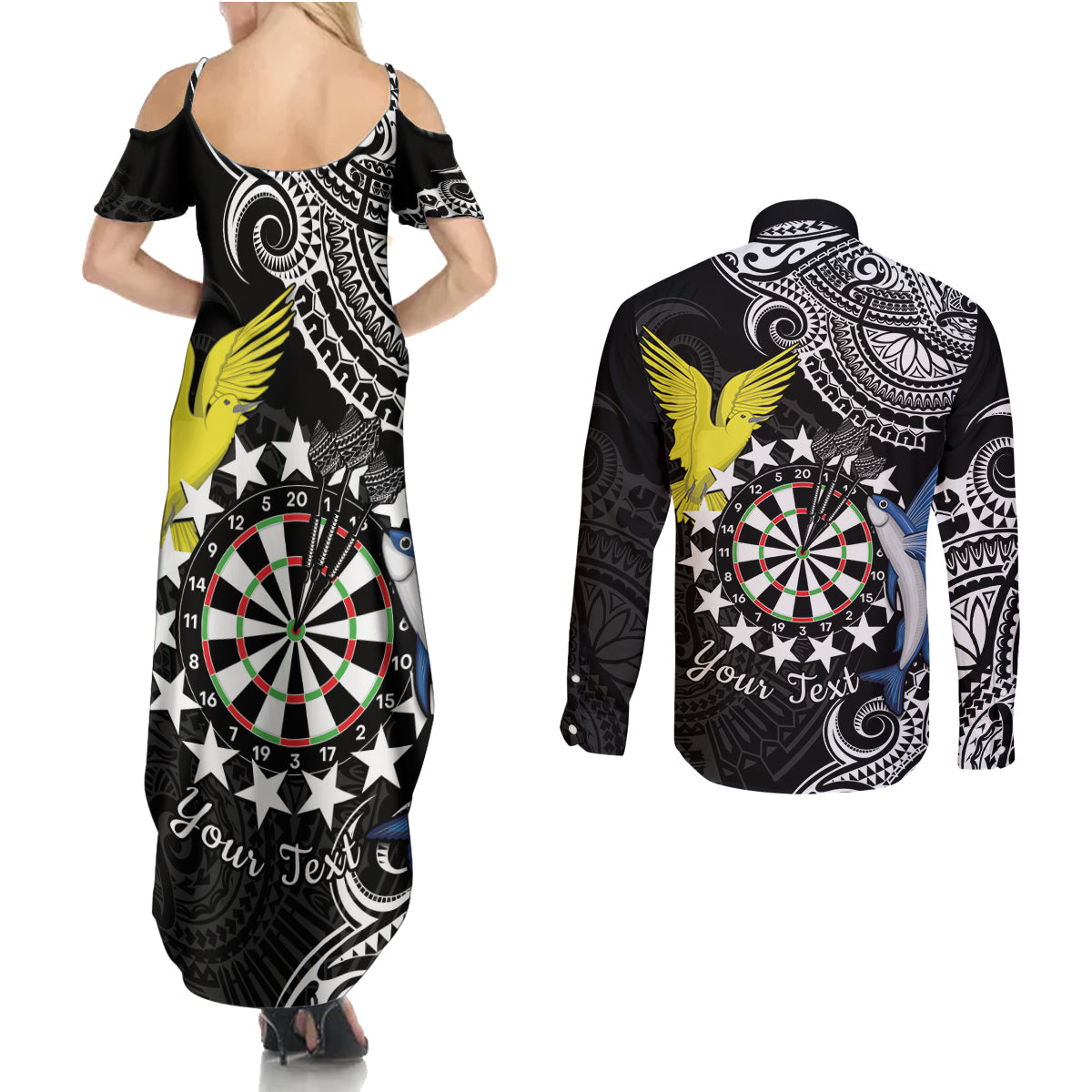 Personalised Cook Islands Darts Couples Matching Summer Maxi Dress and Long Sleeve Button Shirt Kuki Airani Tribal Pattern
