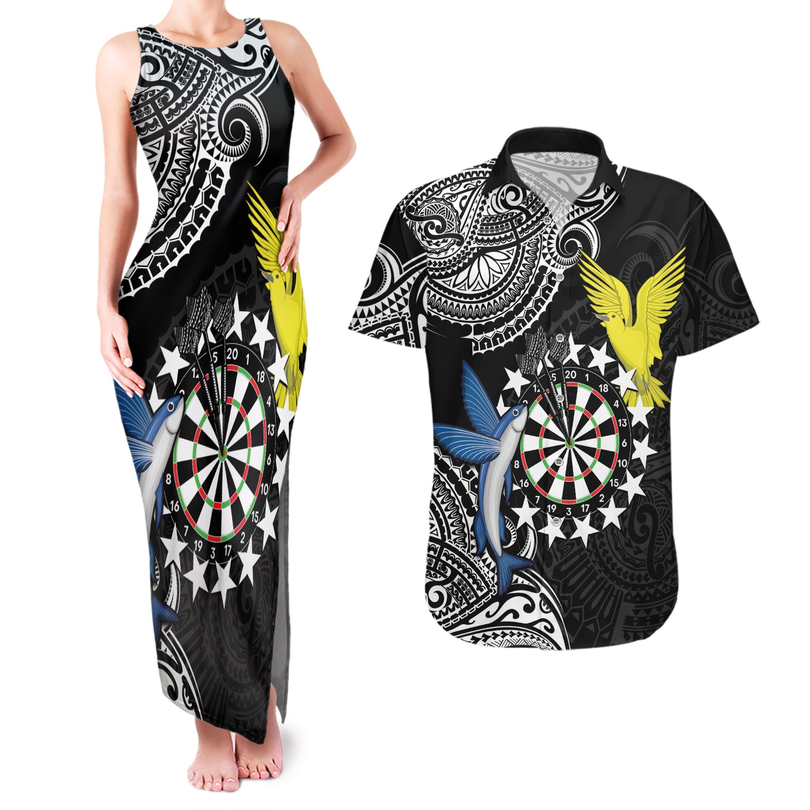 Personalised Cook Islands Darts Couples Matching Tank Maxi Dress and Hawaiian Shirt Kuki Airani Tribal Pattern