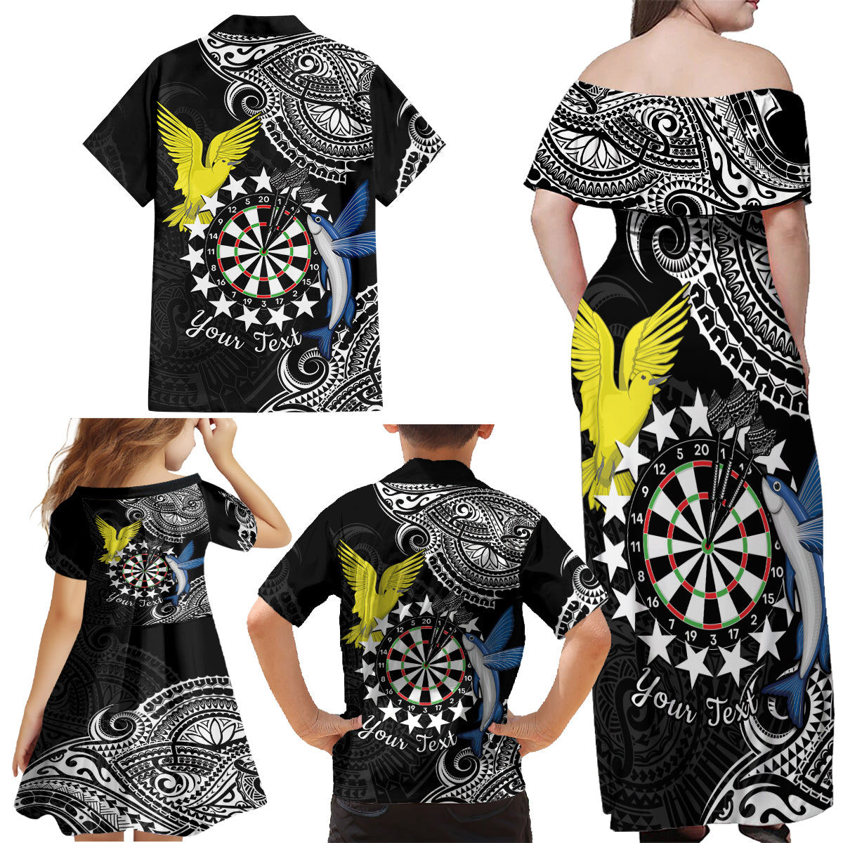 Personalised Cook Islands Darts Family Matching Off Shoulder Maxi Dress and Hawaiian Shirt Kuki Airani Tribal Pattern