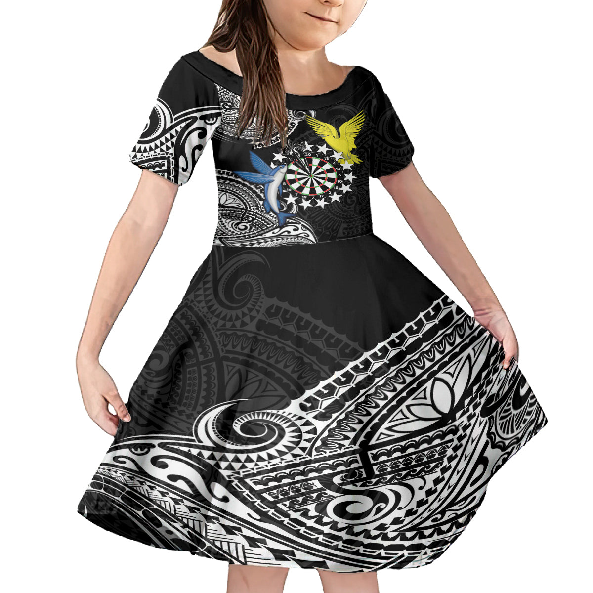 Personalised Cook Islands Darts Kid Short Sleeve Dress Kuki Airani Tribal Pattern