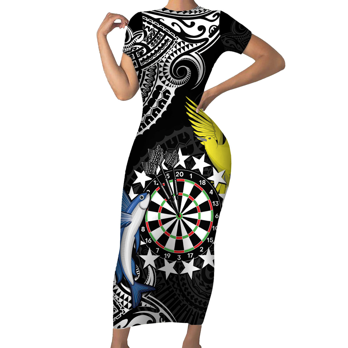 Personalised Cook Islands Darts Short Sleeve Bodycon Dress Kuki Airani Tribal Pattern