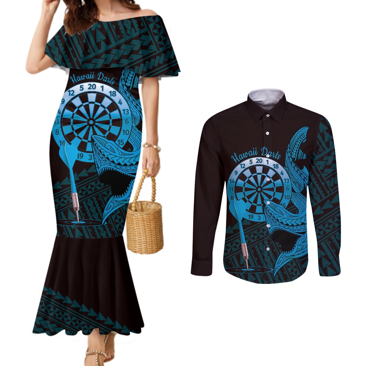 Aloha Hawaii Darts Couples Matching Mermaid Dress and Long Sleeve Button Shirt Dart Board With Polynesian Shark - Blue LT14 Blue - Polynesian Pride