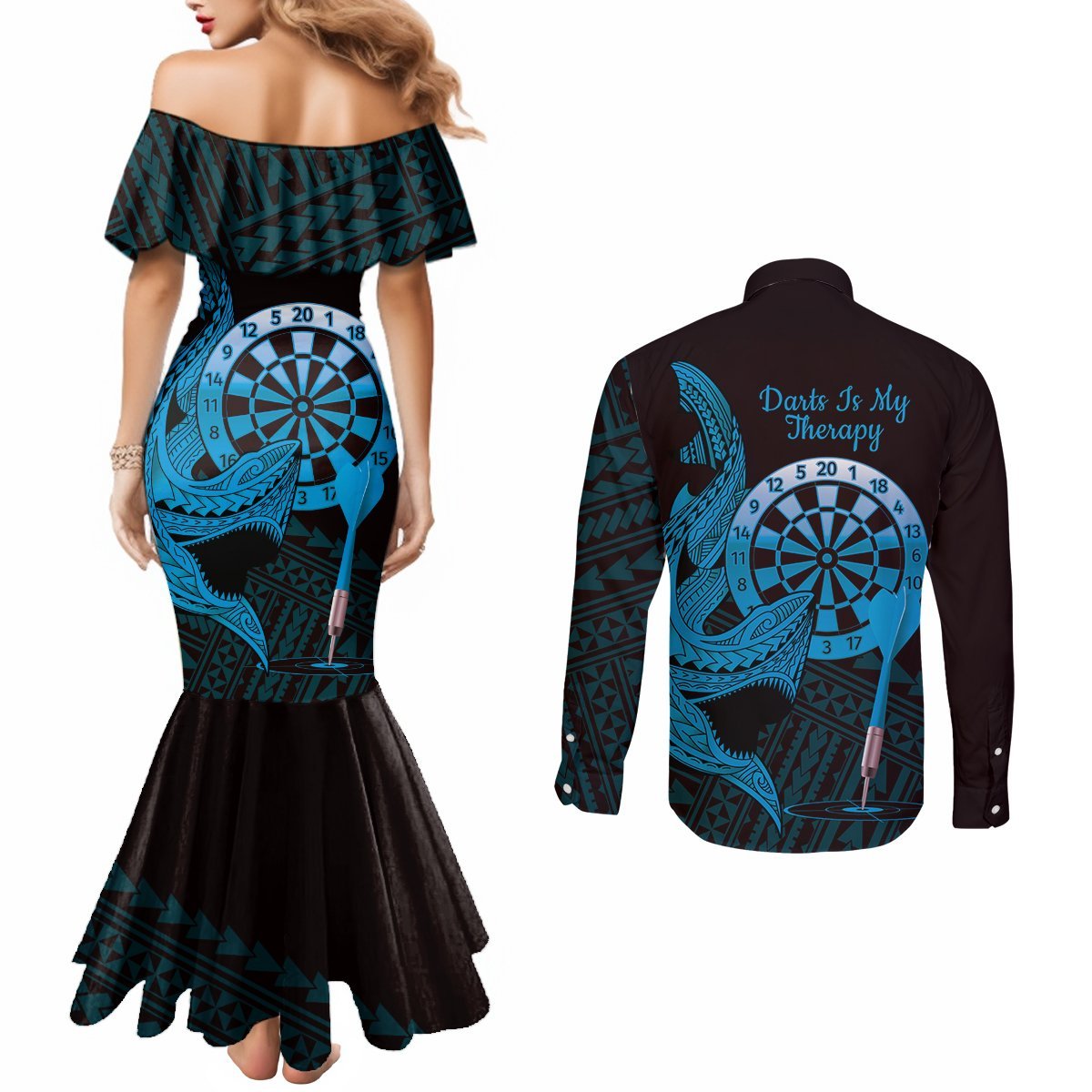 Aloha Hawaii Darts Couples Matching Mermaid Dress and Long Sleeve Button Shirt Dart Board With Polynesian Shark - Blue LT14 - Polynesian Pride