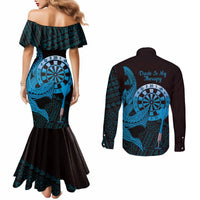 Aloha Hawaii Darts Couples Matching Mermaid Dress and Long Sleeve Button Shirt Dart Board With Polynesian Shark - Blue LT14 - Polynesian Pride