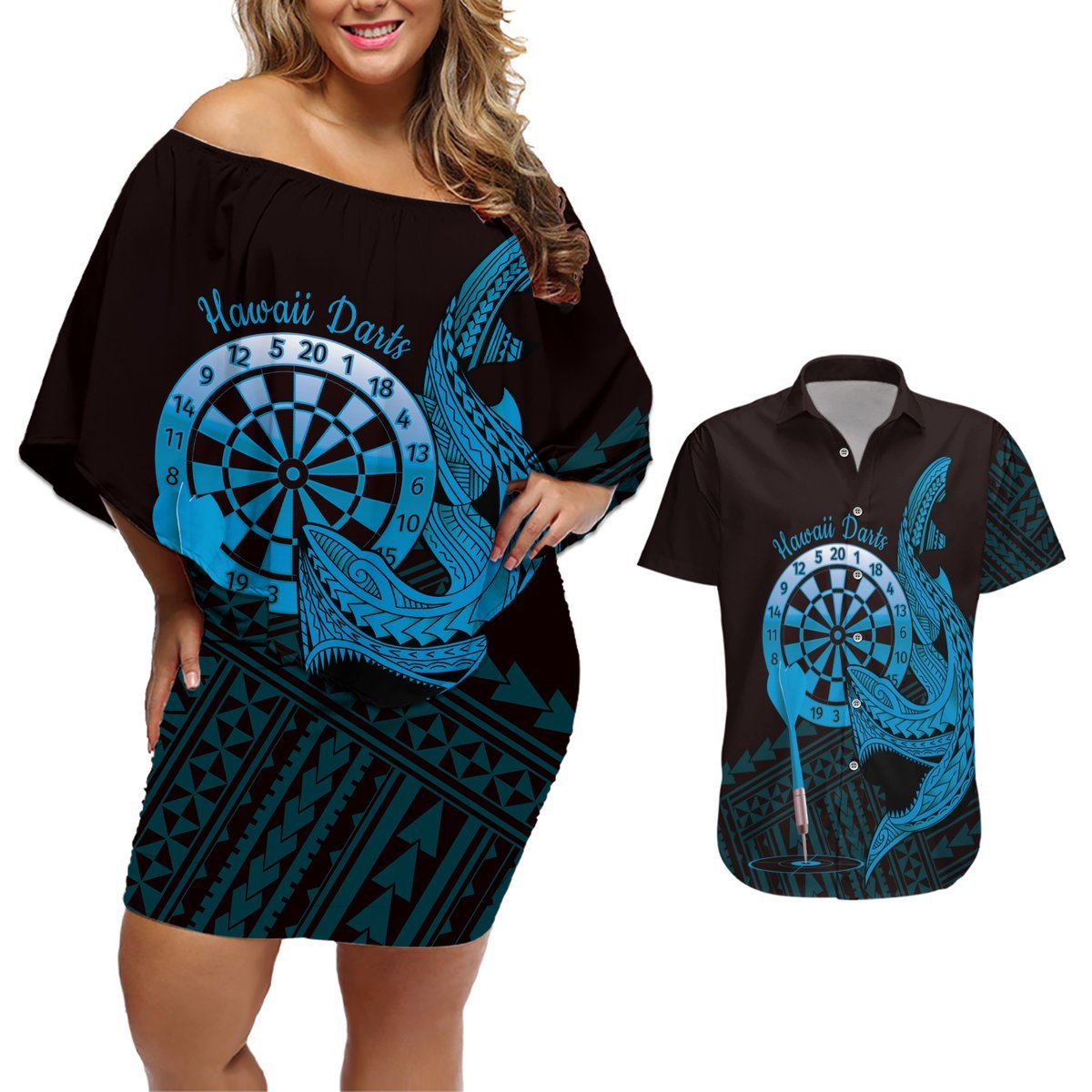Aloha Hawaii Darts Couples Matching Off Shoulder Short Dress and Hawaiian Shirt Dart Board With Polynesian Shark - Blue LT14 Blue - Polynesian Pride