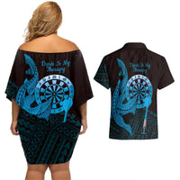 Aloha Hawaii Darts Couples Matching Off Shoulder Short Dress and Hawaiian Shirt Dart Board With Polynesian Shark - Blue LT14 - Polynesian Pride