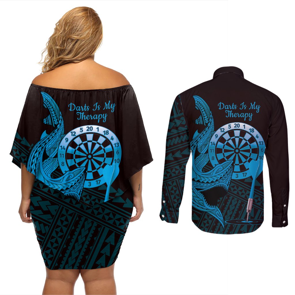 Aloha Hawaii Darts Couples Matching Off Shoulder Short Dress and Long Sleeve Button Shirt Dart Board With Polynesian Shark - Blue LT14 - Polynesian Pride