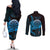 Aloha Hawaii Darts Couples Matching Off The Shoulder Long Sleeve Dress and Long Sleeve Button Shirt Dart Board With Polynesian Shark - Blue