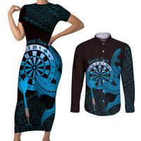 Aloha Hawaii Darts Couples Matching Short Sleeve Bodycon Dress and Long Sleeve Button Shirt Dart Board With Polynesian Shark - Blue