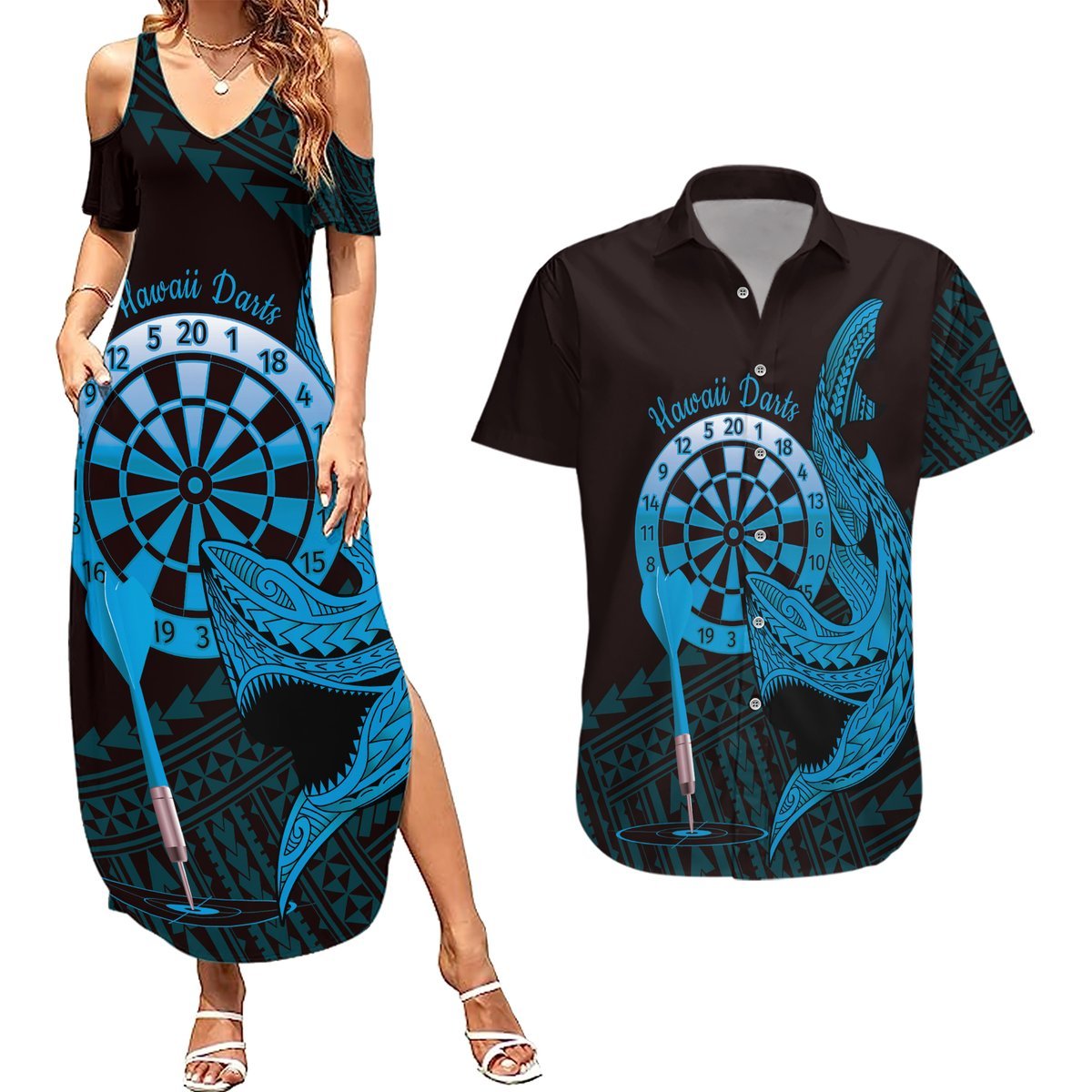 Aloha Hawaii Darts Couples Matching Summer Maxi Dress and Hawaiian Shirt Dart Board With Polynesian Shark - Blue LT14 Blue - Polynesian Pride