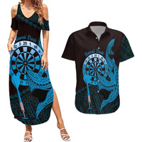 Aloha Hawaii Darts Couples Matching Summer Maxi Dress and Hawaiian Shirt Dart Board With Polynesian Shark - Blue LT14 Blue - Polynesian Pride