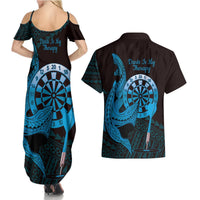 Aloha Hawaii Darts Couples Matching Summer Maxi Dress and Hawaiian Shirt Dart Board With Polynesian Shark - Blue LT14 - Polynesian Pride