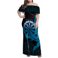 Aloha Hawaii Darts Family Matching Off Shoulder Maxi Dress and Hawaiian Shirt Dart Board With Polynesian Shark - Blue