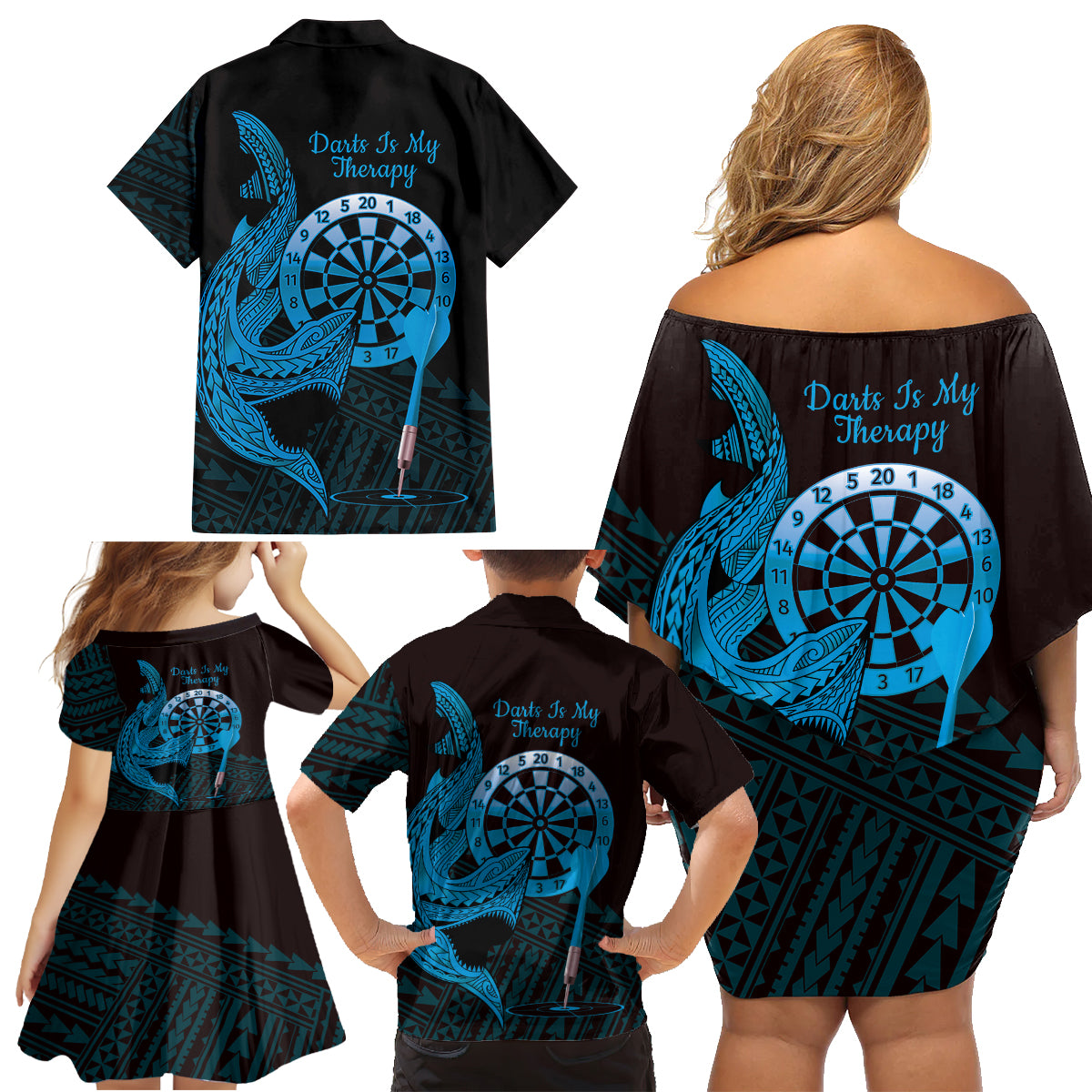 Aloha Hawaii Darts Family Matching Off Shoulder Short Dress and Hawaiian Shirt Dart Board With Polynesian Shark - Blue