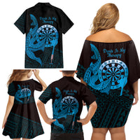 Aloha Hawaii Darts Family Matching Off Shoulder Short Dress and Hawaiian Shirt Dart Board With Polynesian Shark - Blue