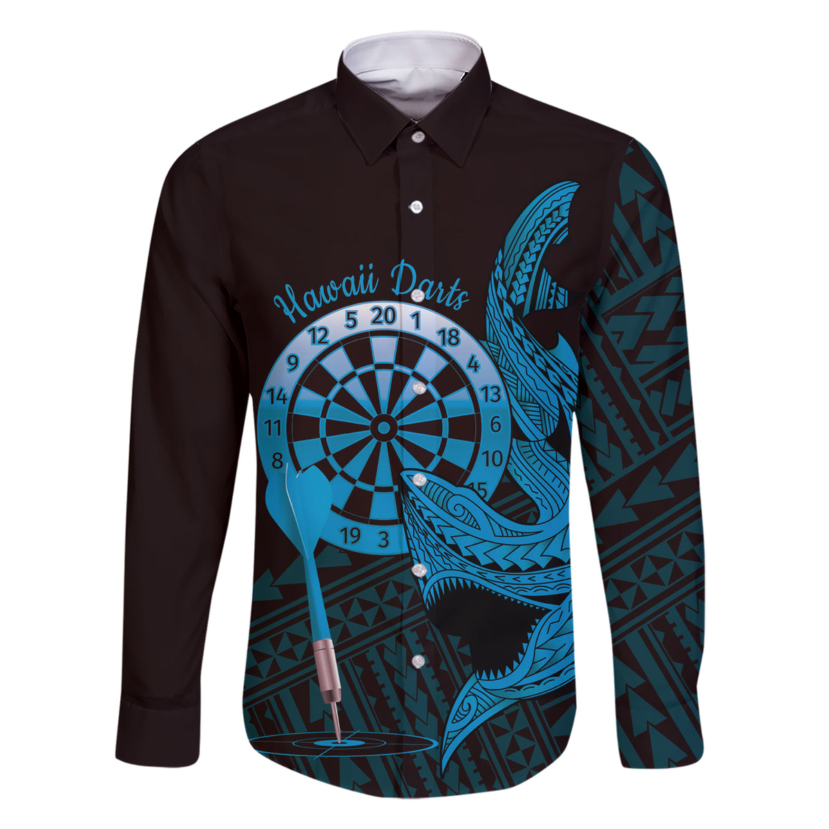 Aloha Hawaii Darts Family Matching Short Sleeve Bodycon Dress and Hawaiian Shirt Dart Board With Polynesian Shark - Blue