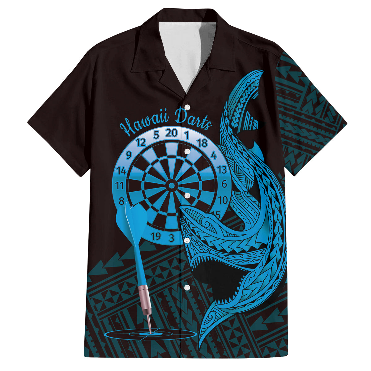 Aloha Hawaii Darts Family Matching Tank Maxi Dress and Hawaiian Shirt Dart Board With Polynesian Shark - Blue