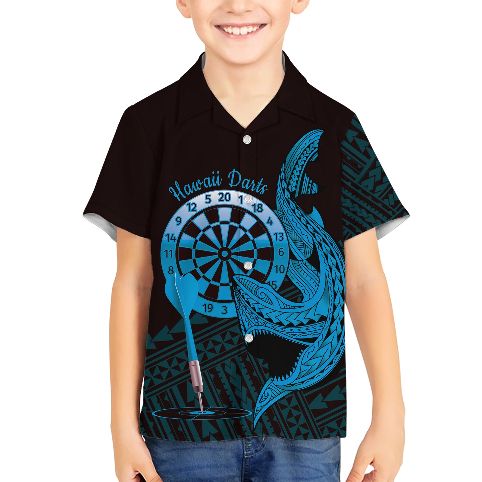 Aloha Hawaii Darts Kid Hawaiian Shirt Dart Board With Polynesian Shark - Blue LT14 Kid Blue - Polynesian Pride