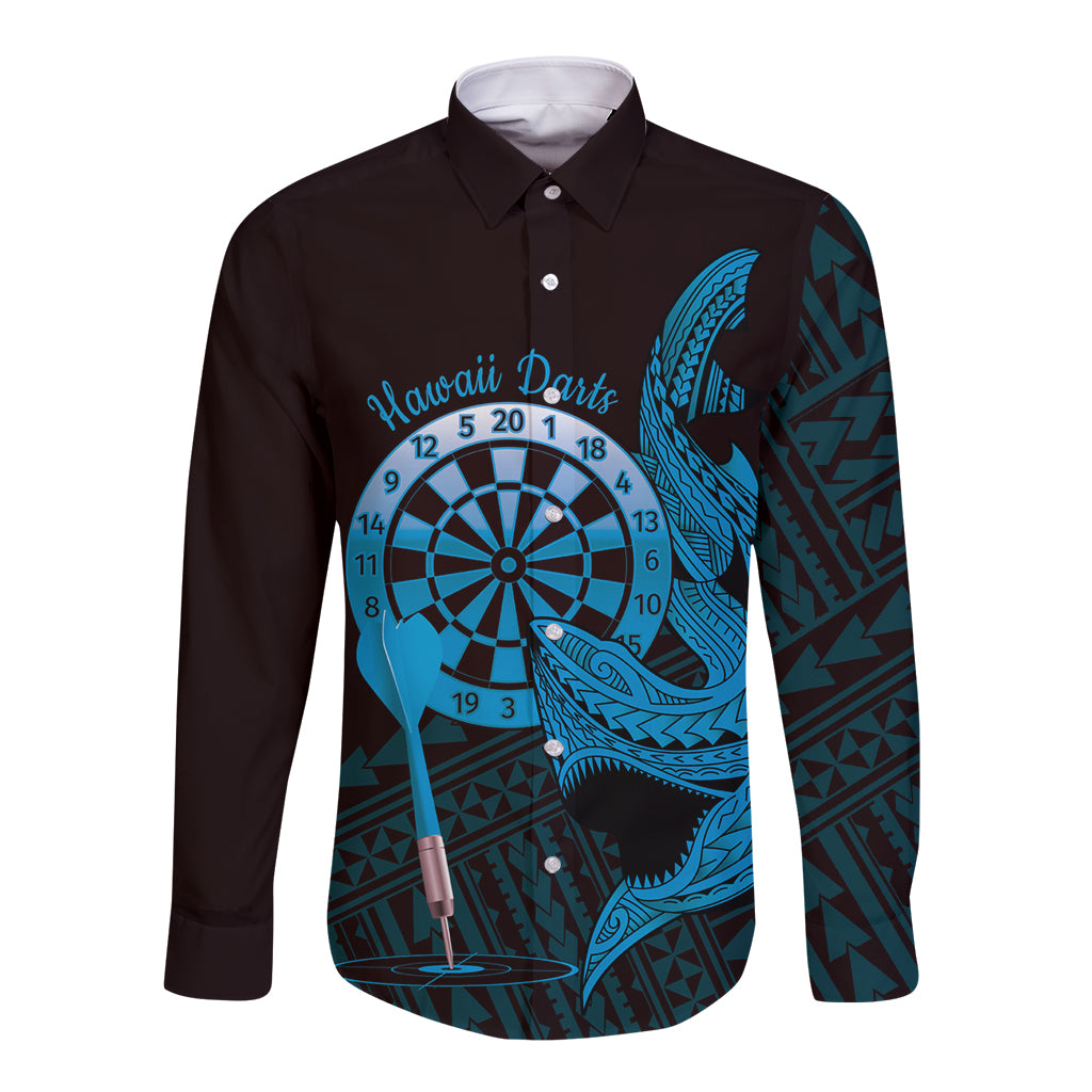 Aloha Hawaii Darts Long Sleeve Button Shirt Dart Board With Polynesian Shark - Blue LT14 Unisex Blue - Polynesian Pride