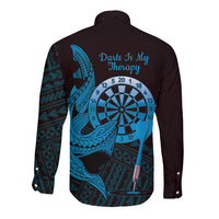 Aloha Hawaii Darts Long Sleeve Button Shirt Dart Board With Polynesian Shark - Blue