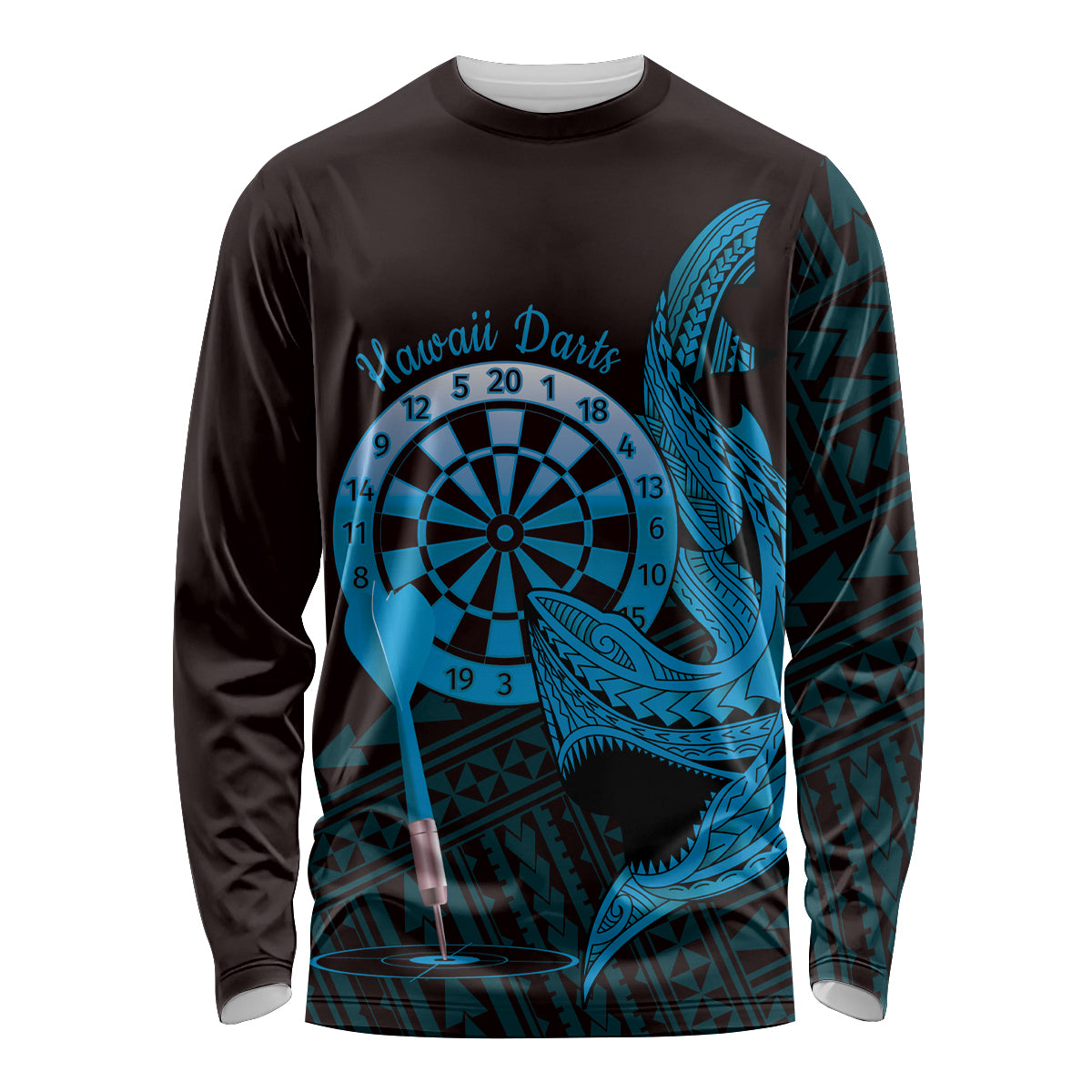 Aloha Hawaii Darts Long Sleeve Shirt Dart Board With Polynesian Shark - Blue