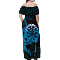 Aloha Hawaii Darts Off Shoulder Maxi Dress Dart Board With Polynesian Shark - Blue