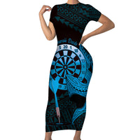 Aloha Hawaii Darts Short Sleeve Bodycon Dress Dart Board With Polynesian Shark - Blue