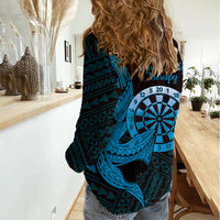 Aloha Hawaii Darts Women Casual Shirt Dart Board With Polynesian Shark - Blue