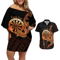 Aloha Hawaii Darts Couples Matching Off Shoulder Short Dress and Hawaiian Shirt Dart Board With Polynesian Shark - Gold