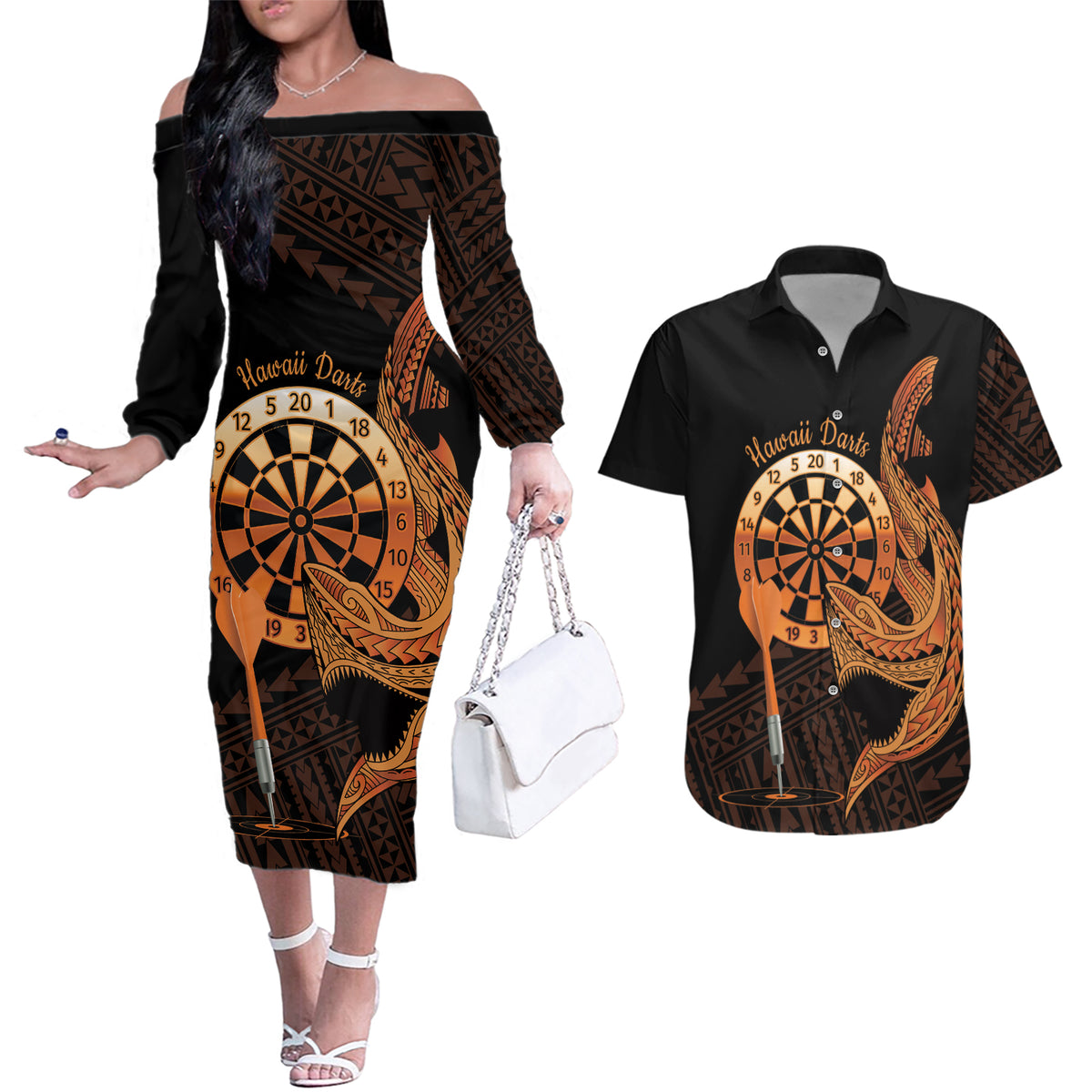 Aloha Hawaii Darts Couples Matching Off The Shoulder Long Sleeve Dress and Hawaiian Shirt Dart Board With Polynesian Shark - Gold
